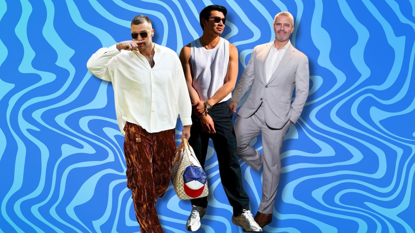 images of travis kelce, simu liu, and andy cohen against a blue background