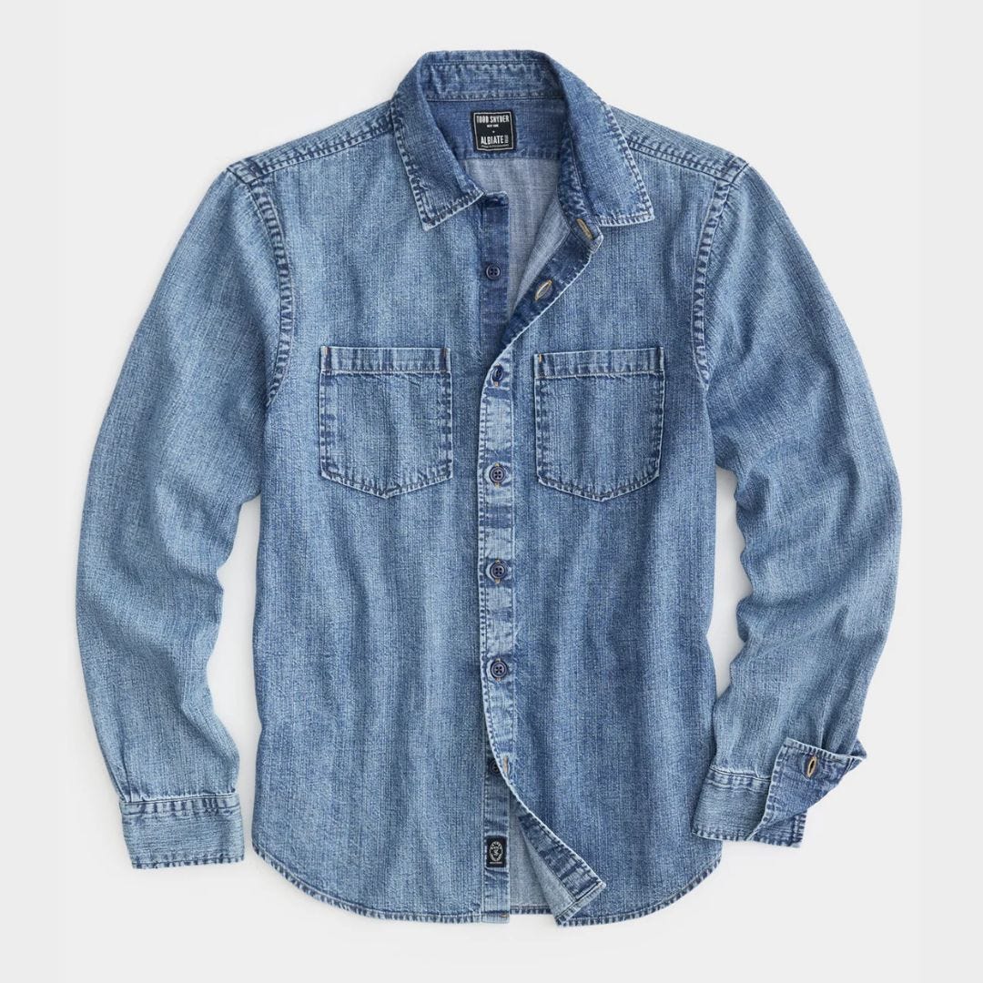 blue denim overshirt against a grey background