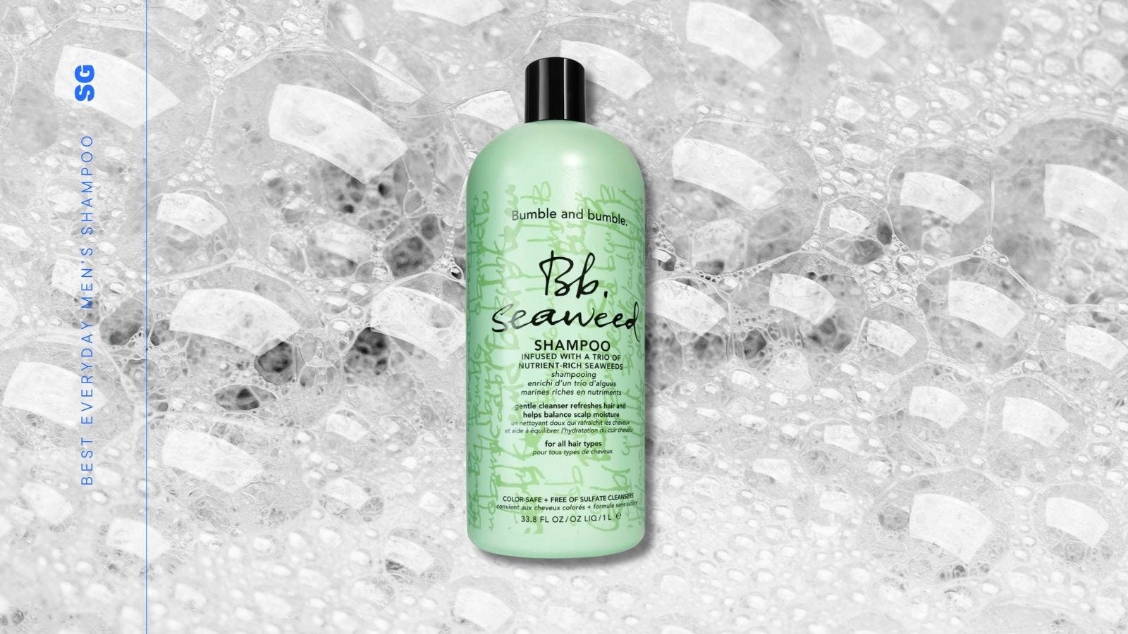 bottle of shampoo in a green container with a black top, set against a background of soapy bubbles. text on-screen reads: best everyday men's shampoo