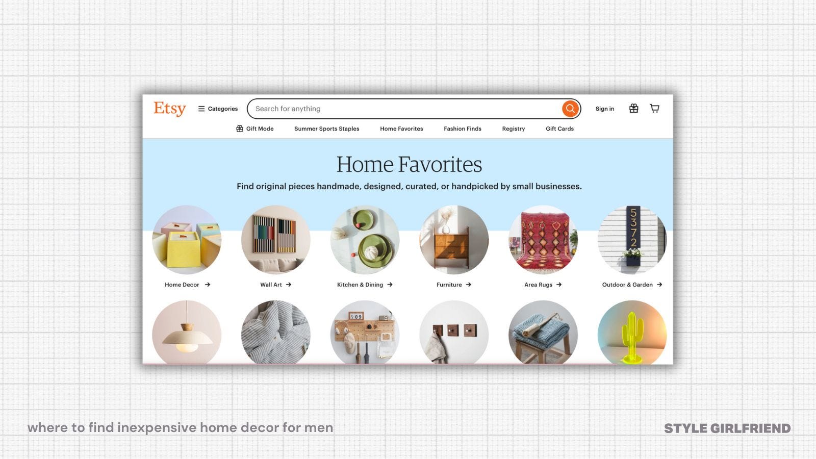 etsy 'home favorites' landing page, text on-screen reads: where to find inexpensive home decor for men (style girlfriend)