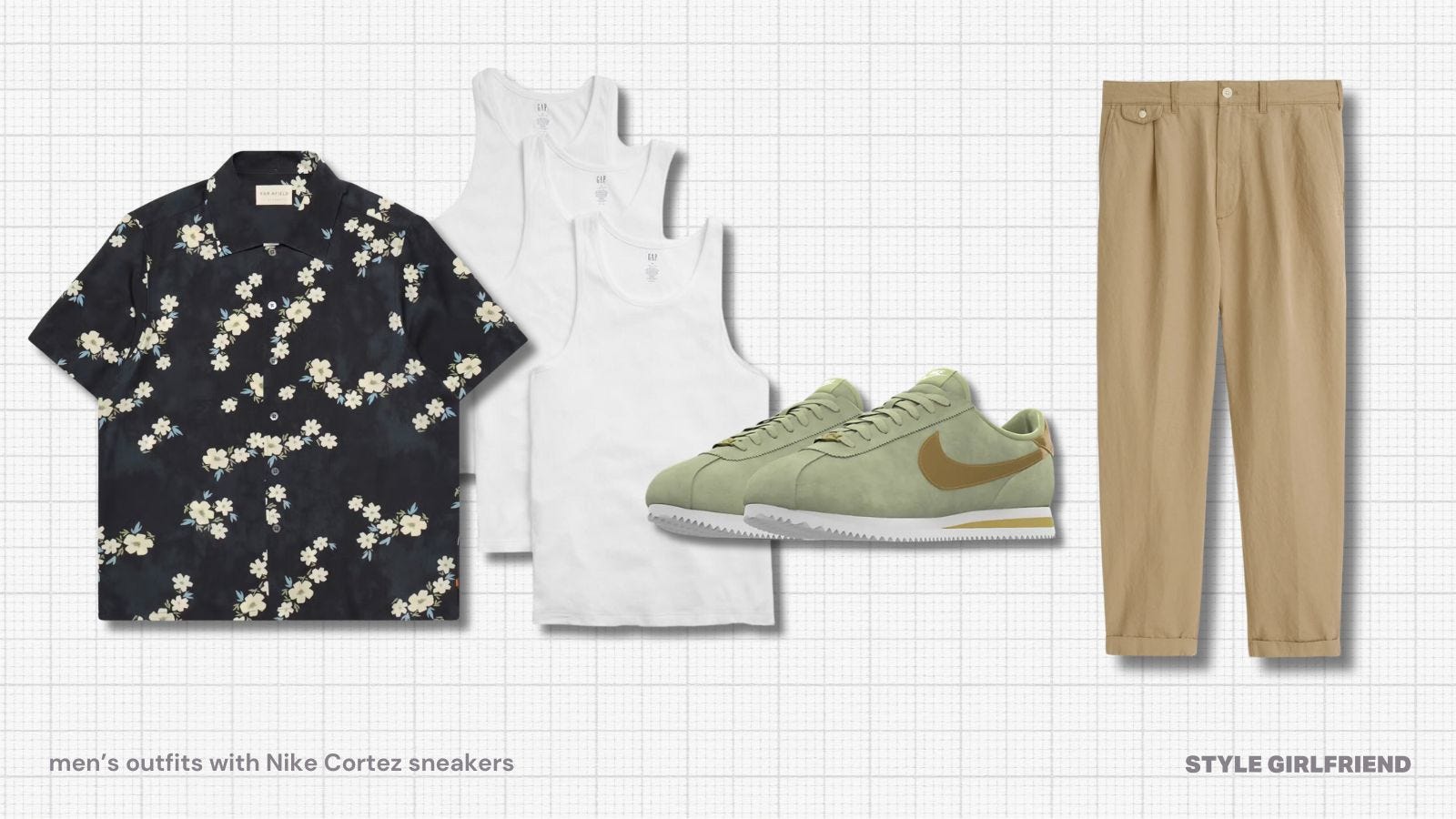 Flat lay of casual men's outfit with light green Nike Cortez sneakers, tan chinos, short sleeve button-down shirt and ribbed vest