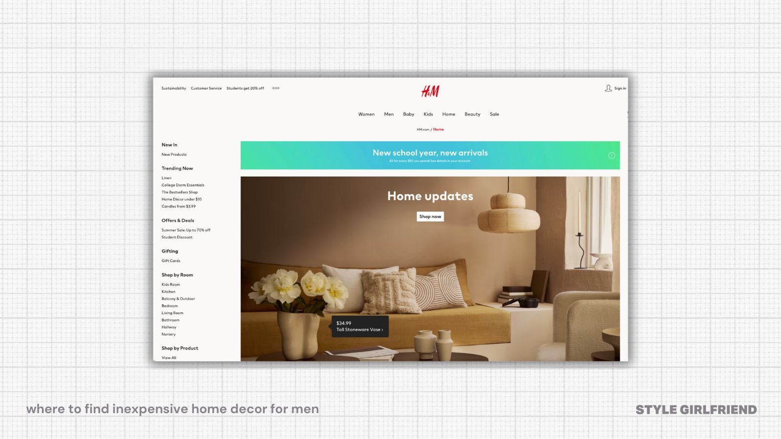 H&M home decor landing page, text on-screen reads: where to find inexpensive home decor for men (style girlfriend)