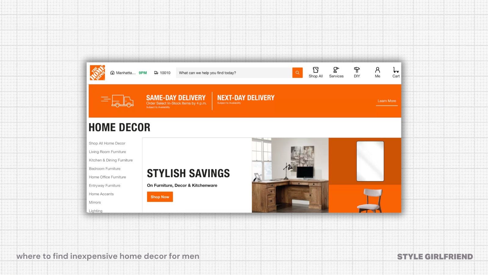 home depot home decor landing page, text on-screen reads: where to find inexpensive home decor for men