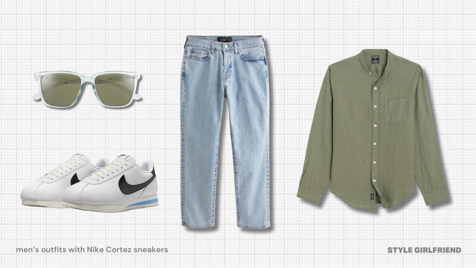 Men's casual attire with white Nike Cortez sneakers, light wash jeans and light green stand-collar shirt