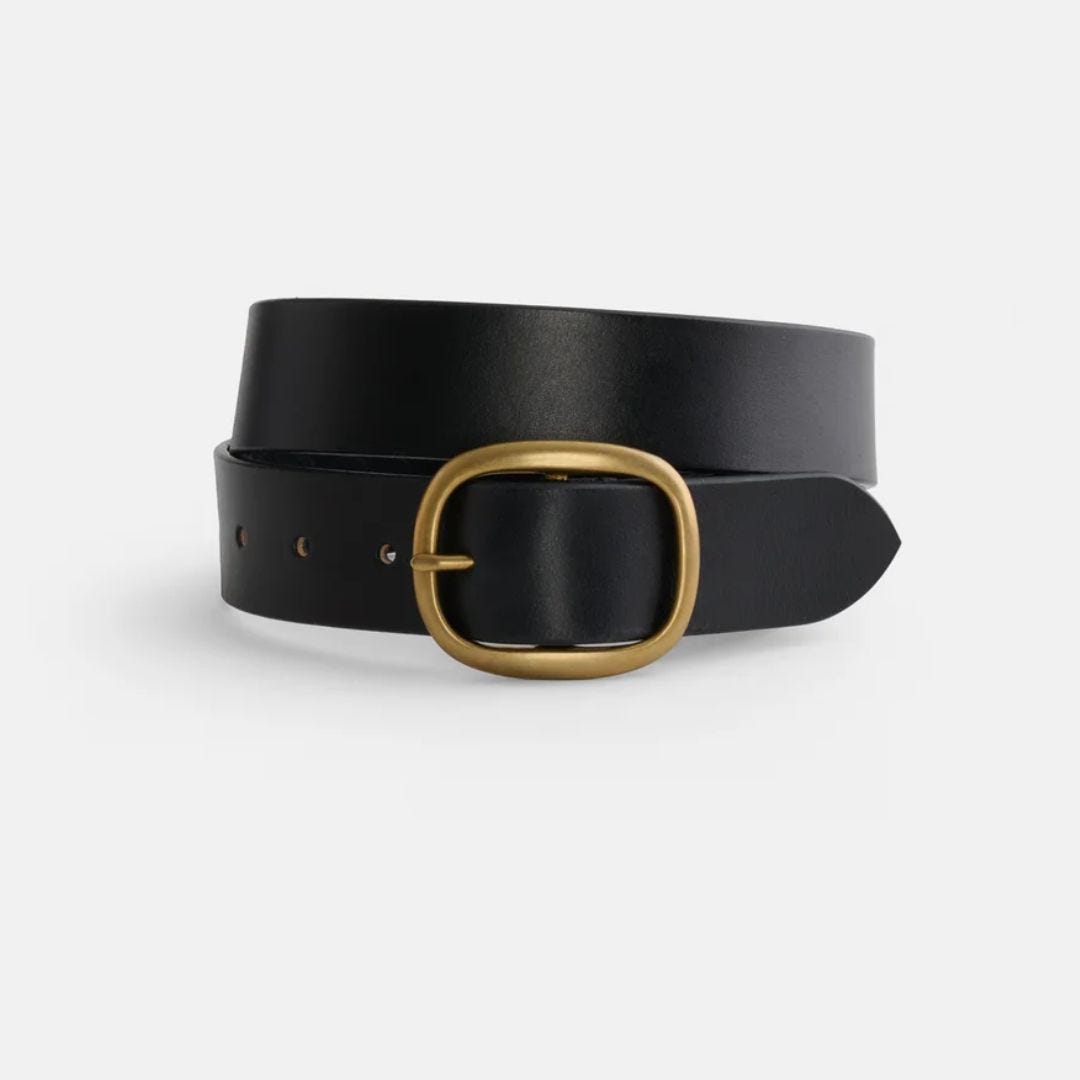 coiled, smooth black leather belt with gold buckle