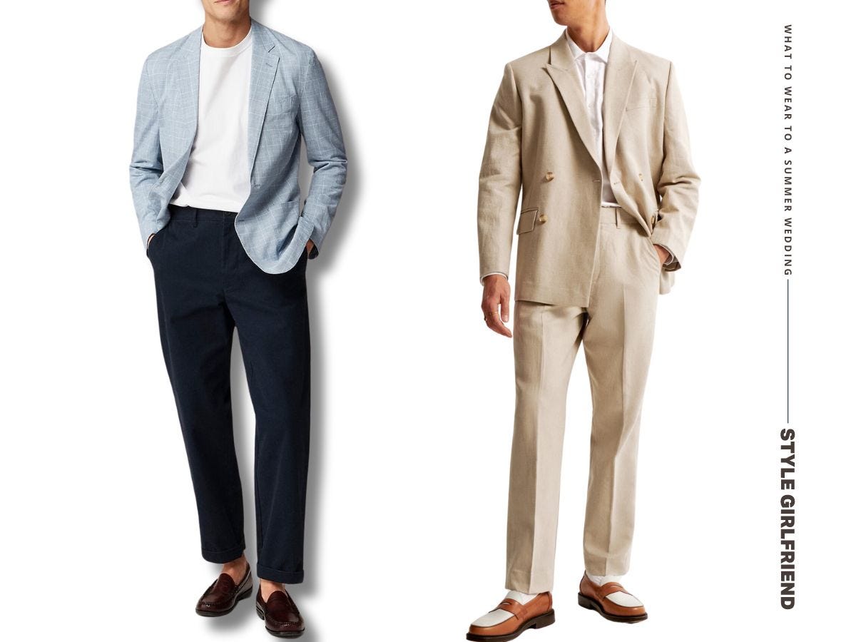 two men's outfits perfect for a beach wedding. one is a linen sportcoat with a white t-shirt and navy pants. the other is a sand-colored linen-blend double-breasted suit with a white dress shirt underneath. text on-screen reads: what to wear to a summer wedding