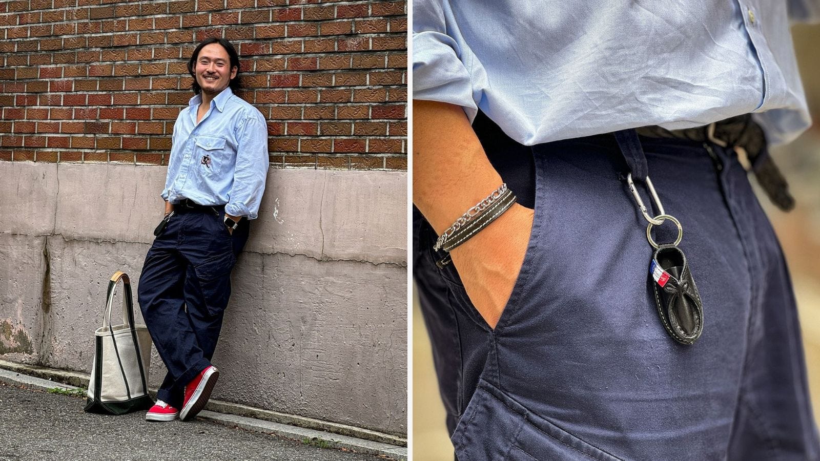 side by side images of a man wearing a blue shirt, dark pants, and red sneakers on the left. on the right, a close-up of his hand in his pocket showing off a bracelet, belt, and shoe keychain hanging from a belt loop