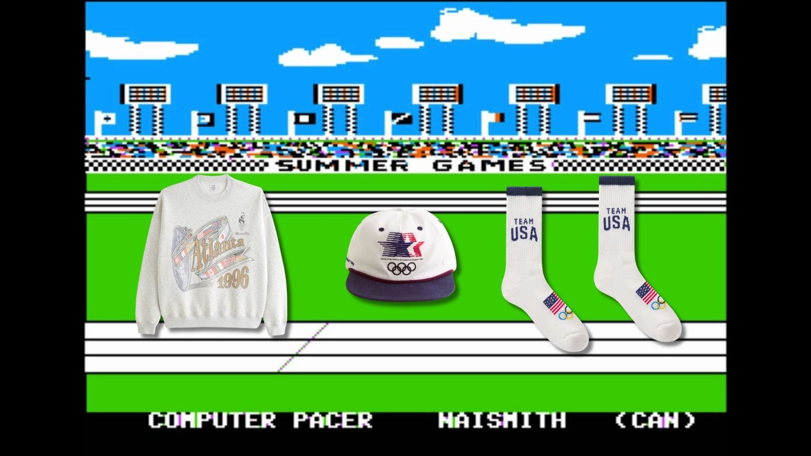 men's olympics sweatshirt, hat, and socks, set against the background of the summer olympics Apple IIe computer game