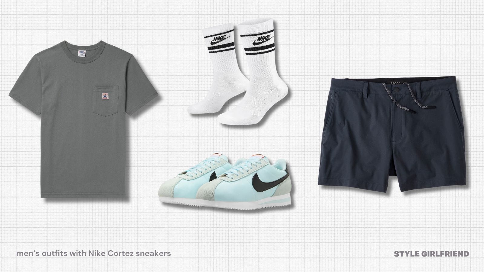 Flat lay of casual men's clothing with blue Nike Cortez sneakers, gray shorts and gray pocket t-shirt with high Nike socks