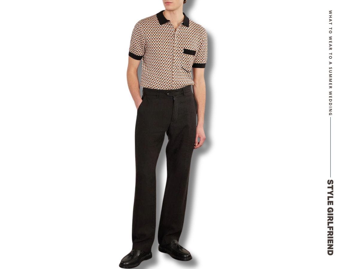 man from the neck down in a brown patterned knit polo with black collar and sleeve details with black pants and black dress shoes. text on-screen reads: what to wear to a summer wedding
