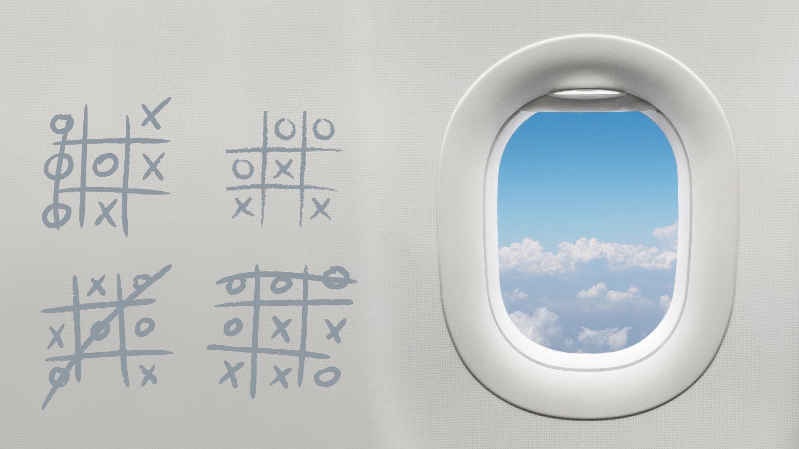 image of an airplane window with games of tic tac toe on the wall