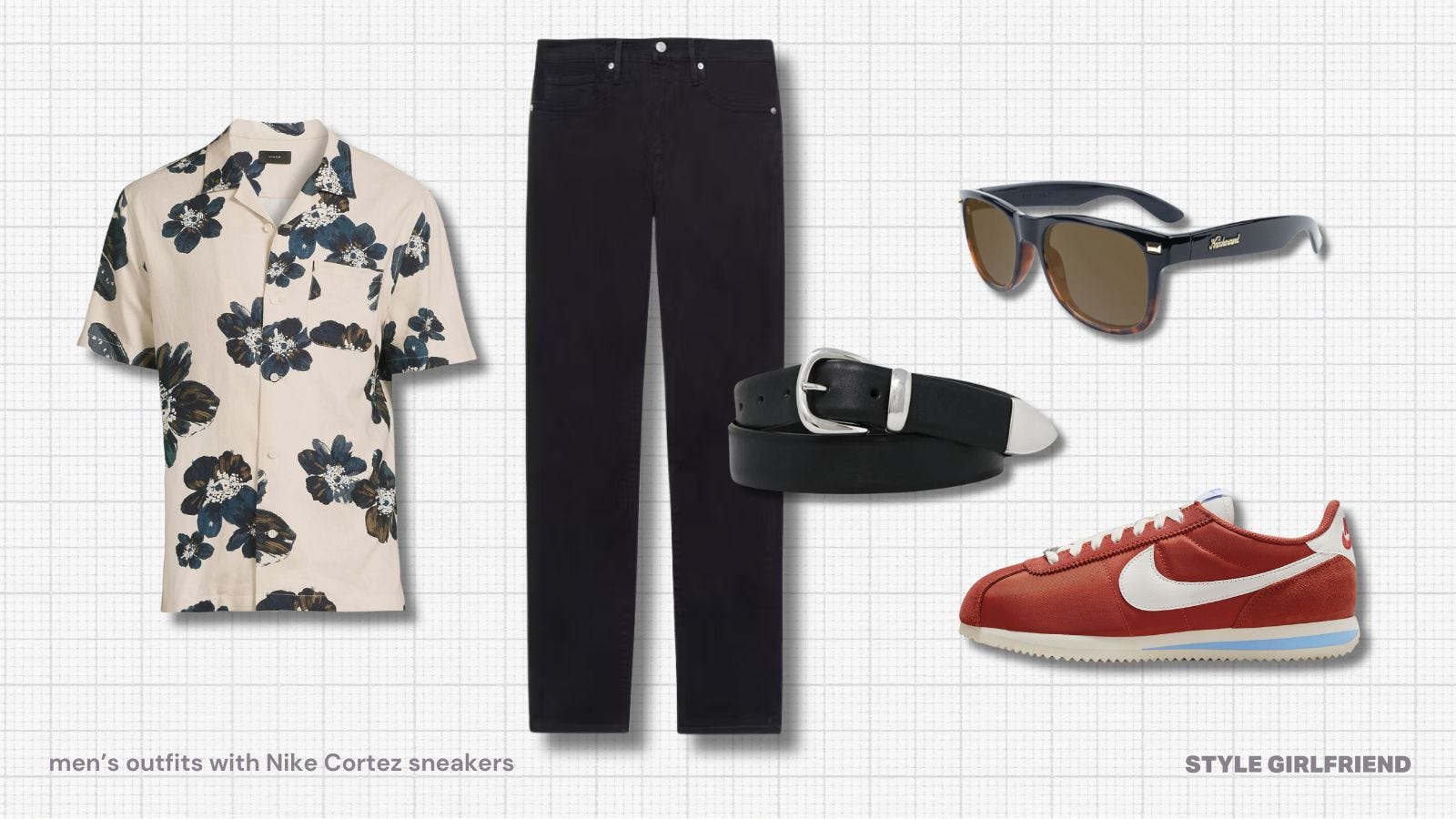 Flat lay of men's clothing with red Nike Cortez sneakers, graphic short sleeve shirt and black twill pants