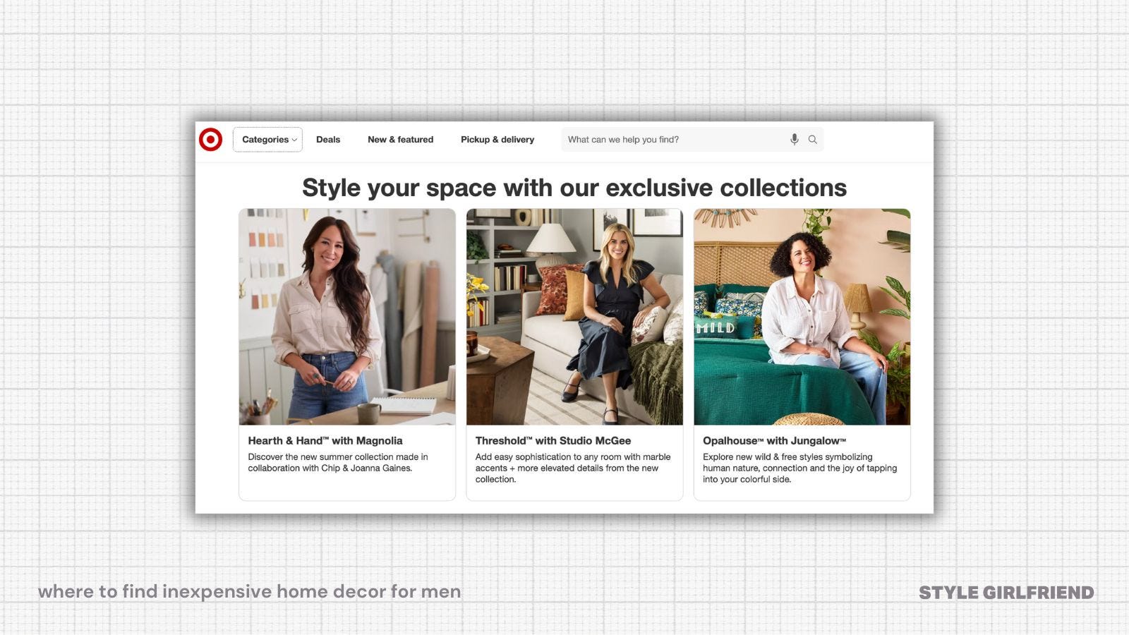 TARGET home decor landing page, text on-screen reads: where to find inexpensive home decor for men (style girlfriend)