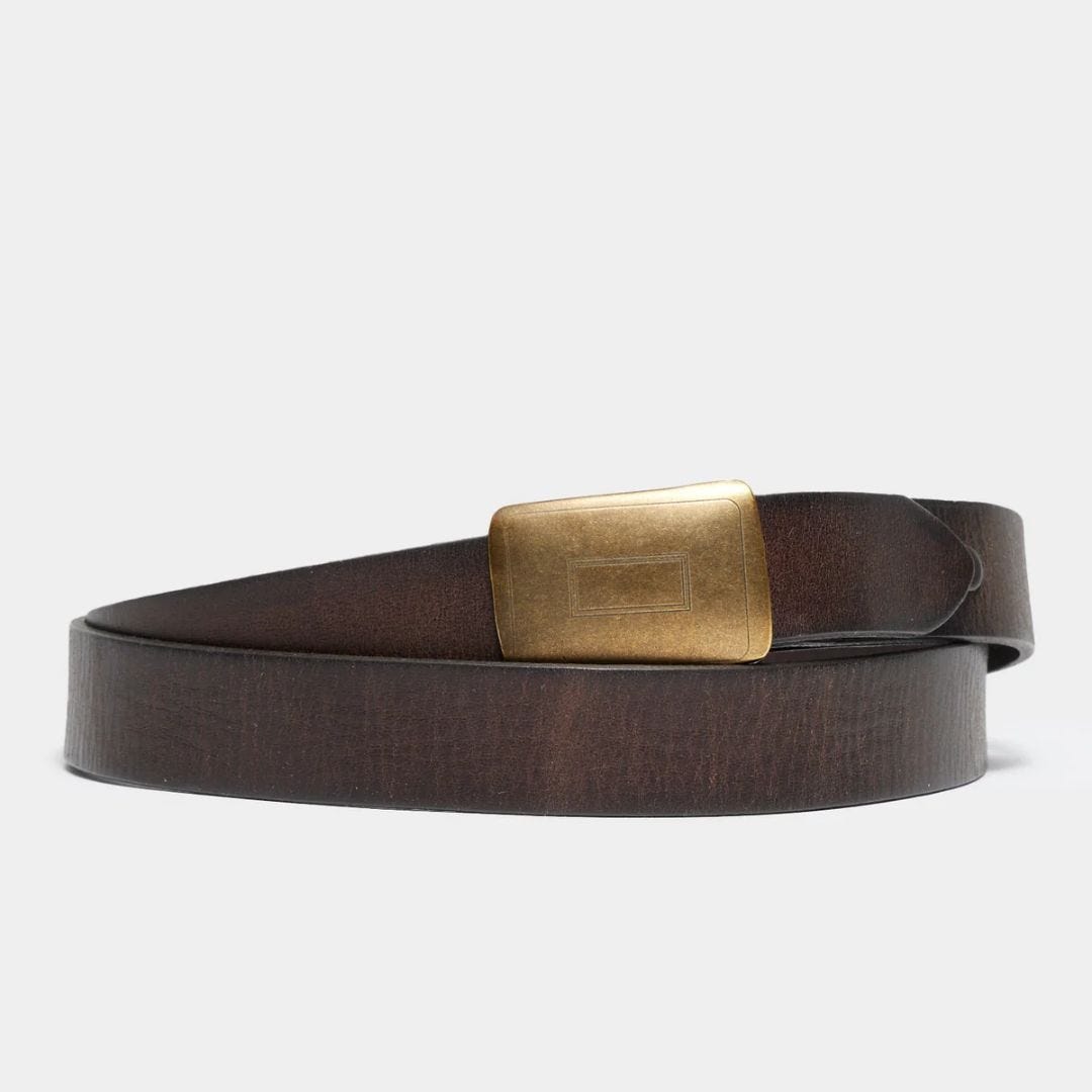 coiled smooth brown leather belt with square-shaped solid brass buckle