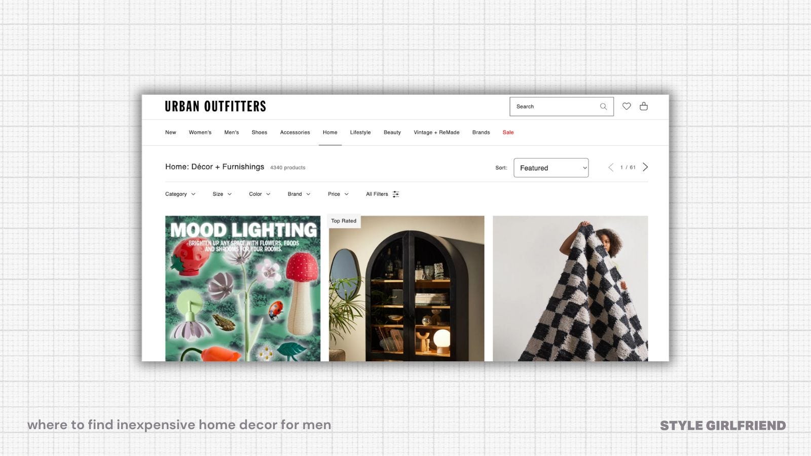 urban outfitters home goods landing page, text on-screen reads: where to find inexpensive home decor for men (style girlfriend)