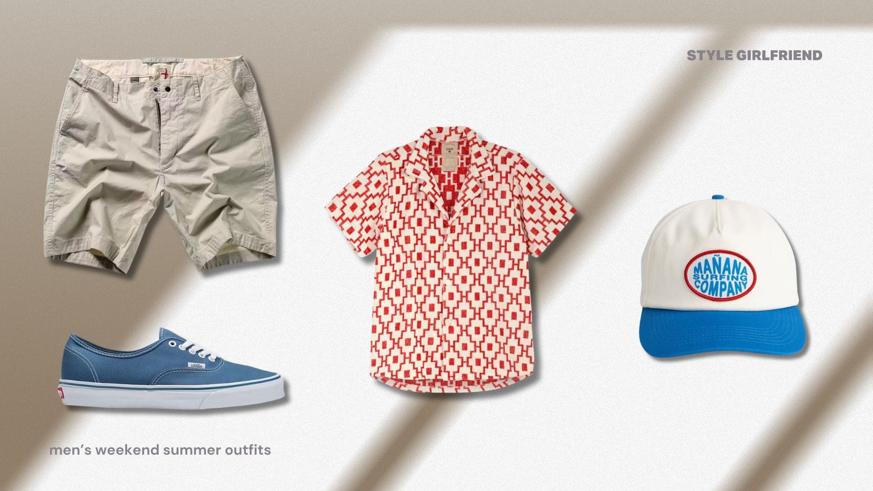 Flat lay style of men's casual outfit with light shorts, patterned red short-sleeved shirt and white hat with blue brim