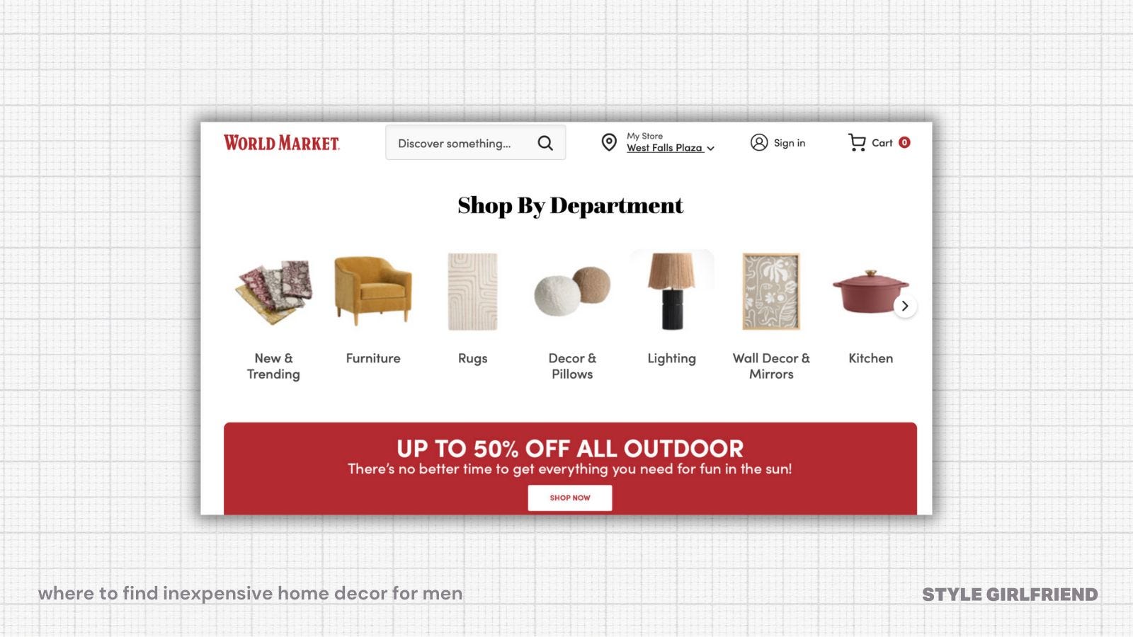 World Market landing page, text on-screen reads: where to find inexpensive home decor for men