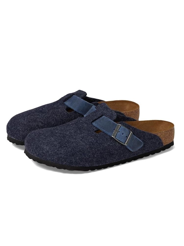 pair of navy wool birkenstock boston clogs