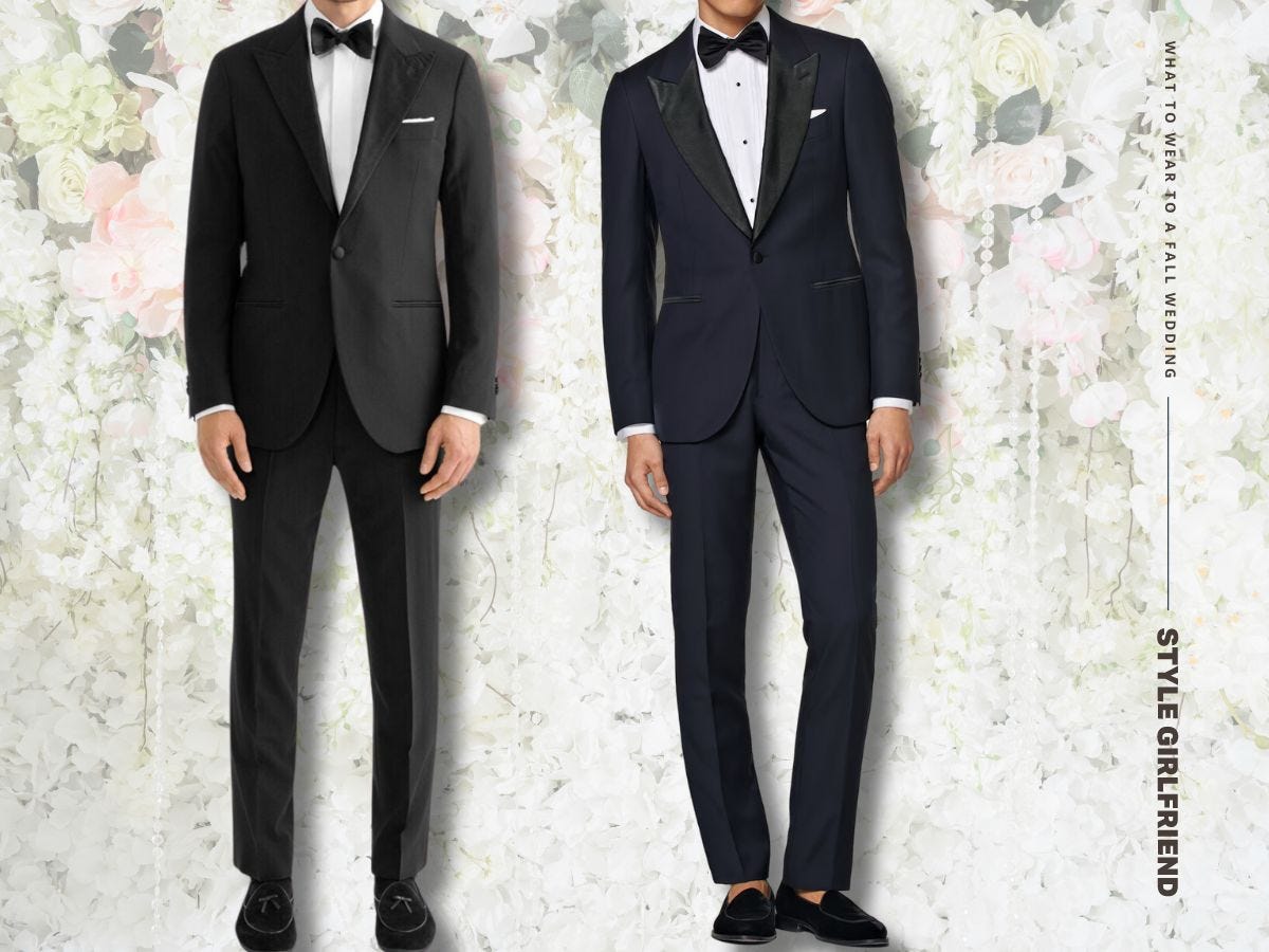 three men in outfits appropriate for a fall wedding with a black tie optional dress code