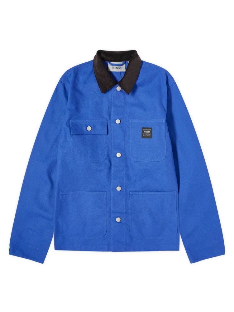 blue canvas carhartt wip work jacket with black collar