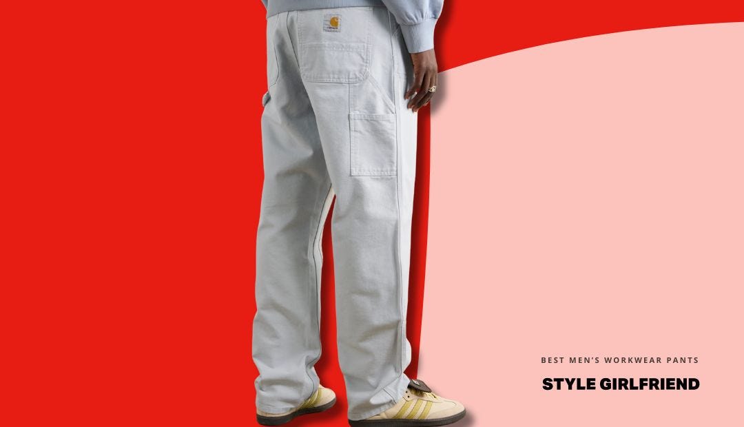 a man from the waist down wearing a pair of carhartt WIP Double Knee Straight-Leg Cotton-Canvas Carpenter Trousers against a red and pink background. text on-screen reads: best men's workwear pants