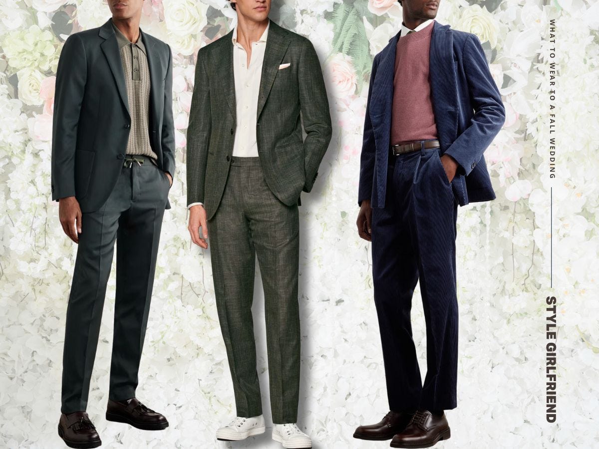 three men in fall wedding suits in fall jewel tones