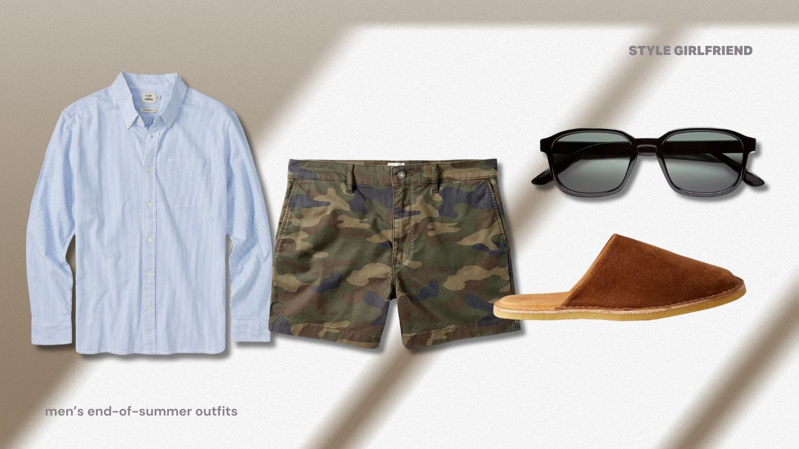 Late summer men's clothing, including long-sleeved oxford shirts and camo shorts