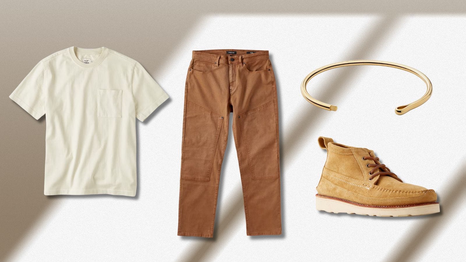 men's outfit flat lay of an off-white short-sleeve shirt, brown work pants, a gold cuff bracelet and brown lace-up boots