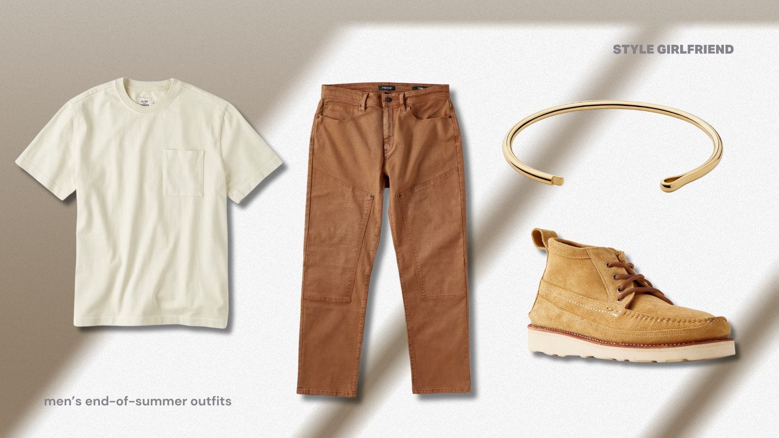 Late summer men's clothing including short-sleeved shirts, work pants and suede boots