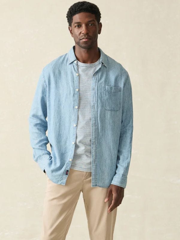 man from the waist up wearing tan chinos, a striped t-shirt and a light blue chambray shirt open over the t-shirt