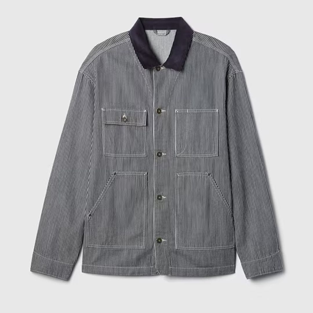 flat lay image of a men's chore coat in railroad stripe