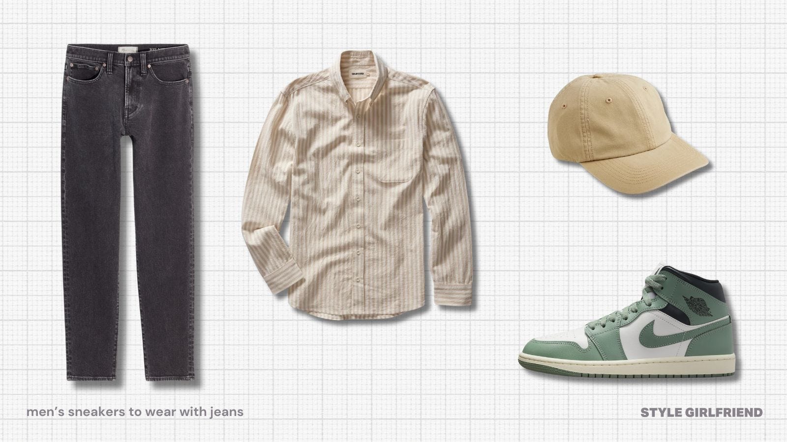 Casual men's clothing with jeans, Nike Air Jordan sneakers, striped oxford shirt and canvas baseball cap