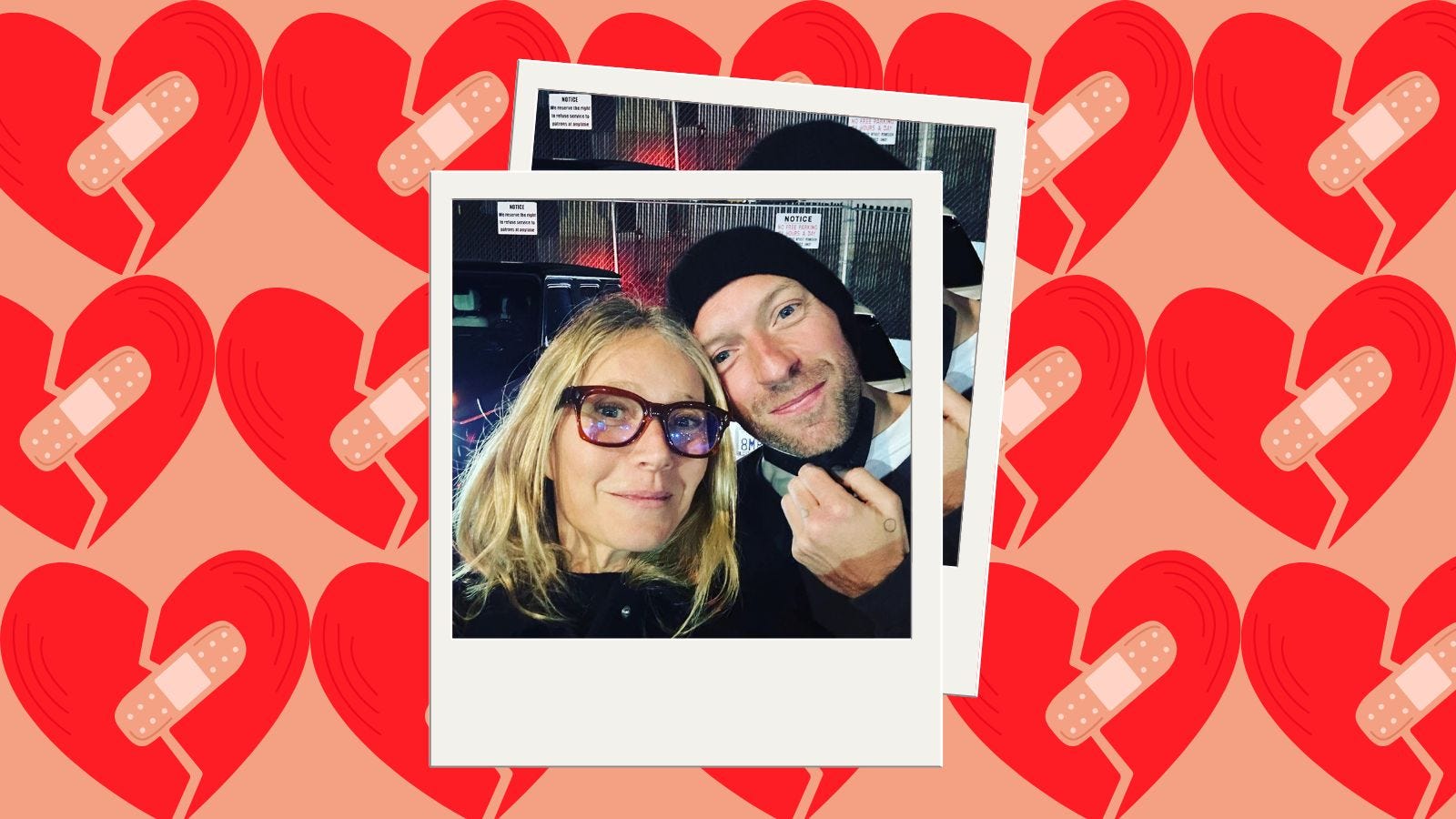 image of gwyneth paltrow and chris martin set against a backdrop of hearts with bandaids on them