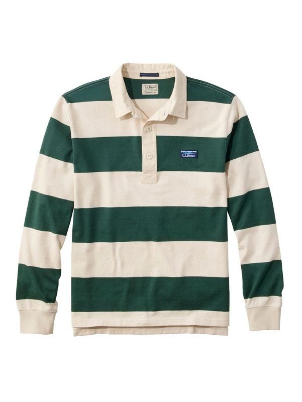 flat lay image of a cream and green striped rugby shirt