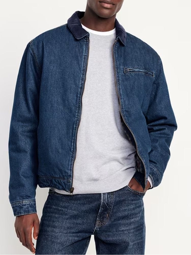 man from a neck to the waist wearing a denim work jacket over a grey shirt