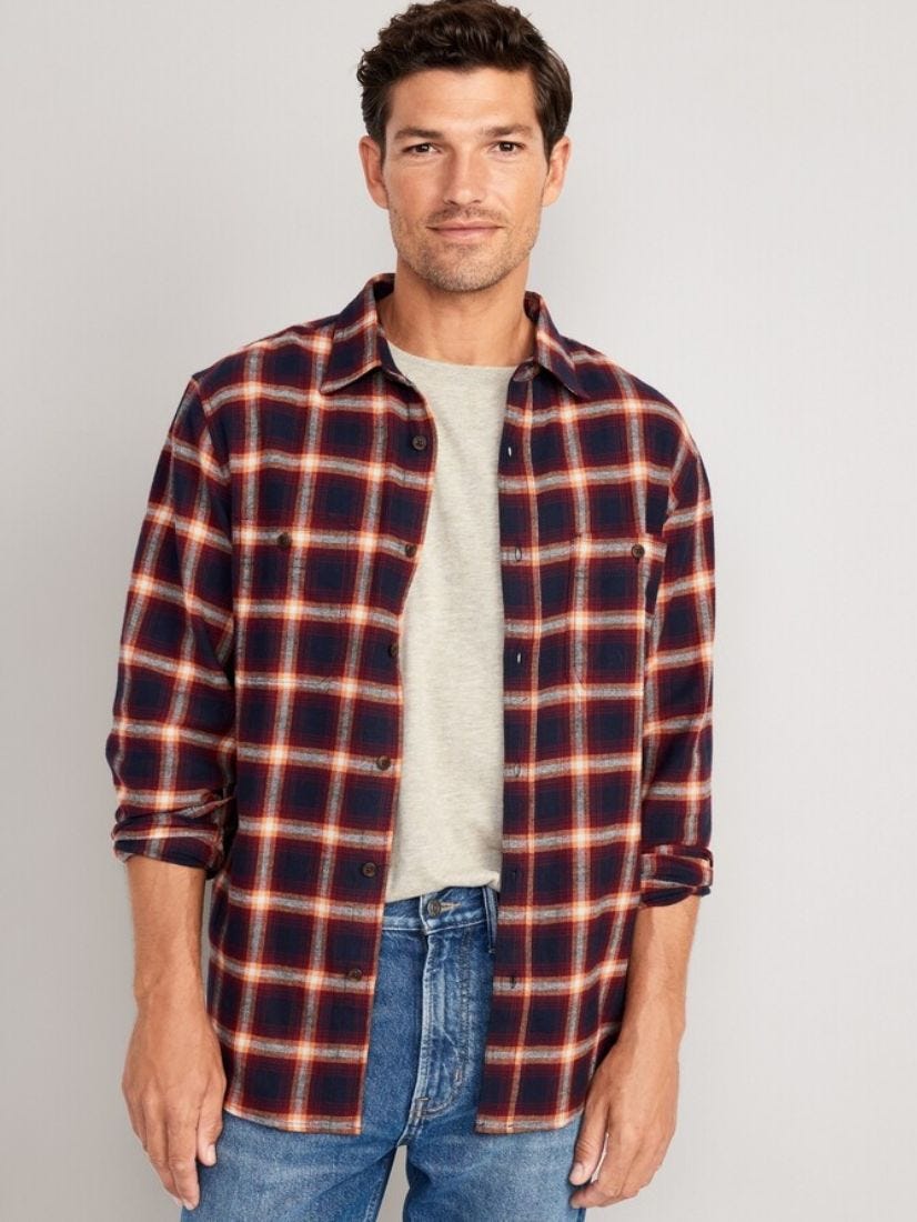 Close up of man wearing red flannel plaid shirt, white shirt and jeans