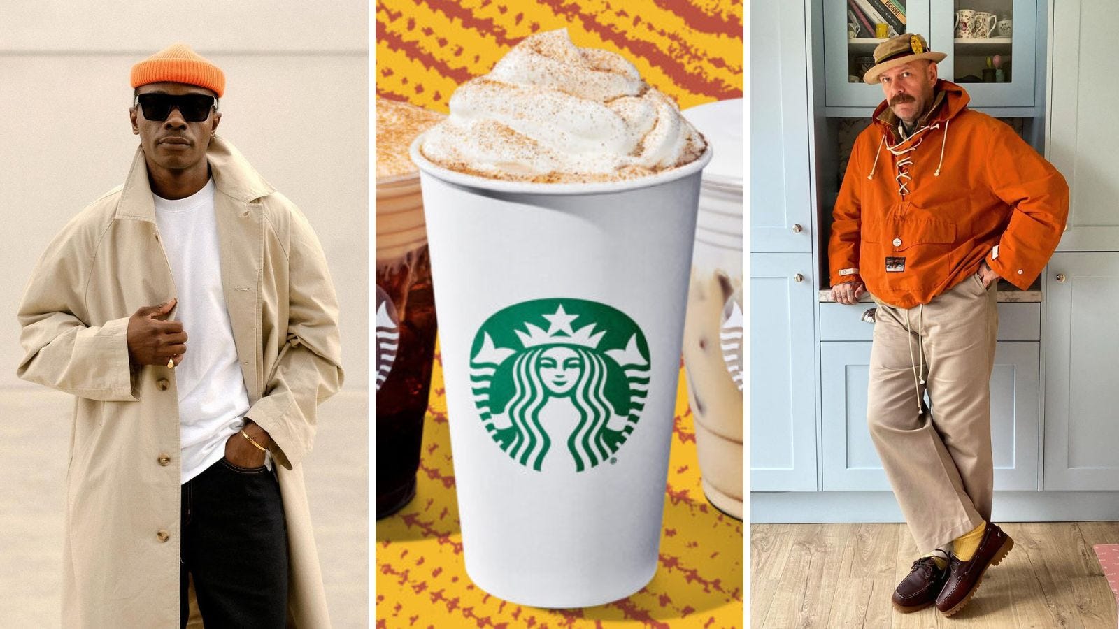 side by side images of a man in a tan coat and orange beanie, a Starbucks Pumpkin Spice Latte drink, and a man in an orange anorak