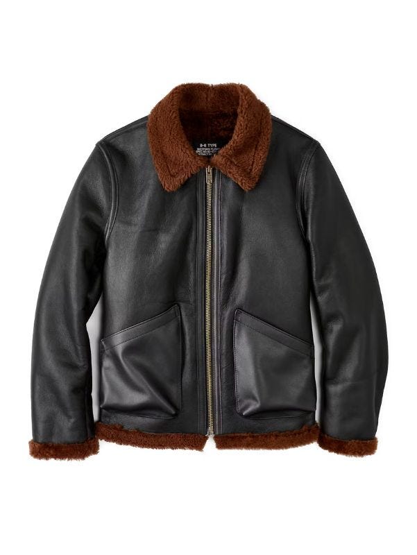 flat lay image of a men's black leather jacket with a sheepskin collar