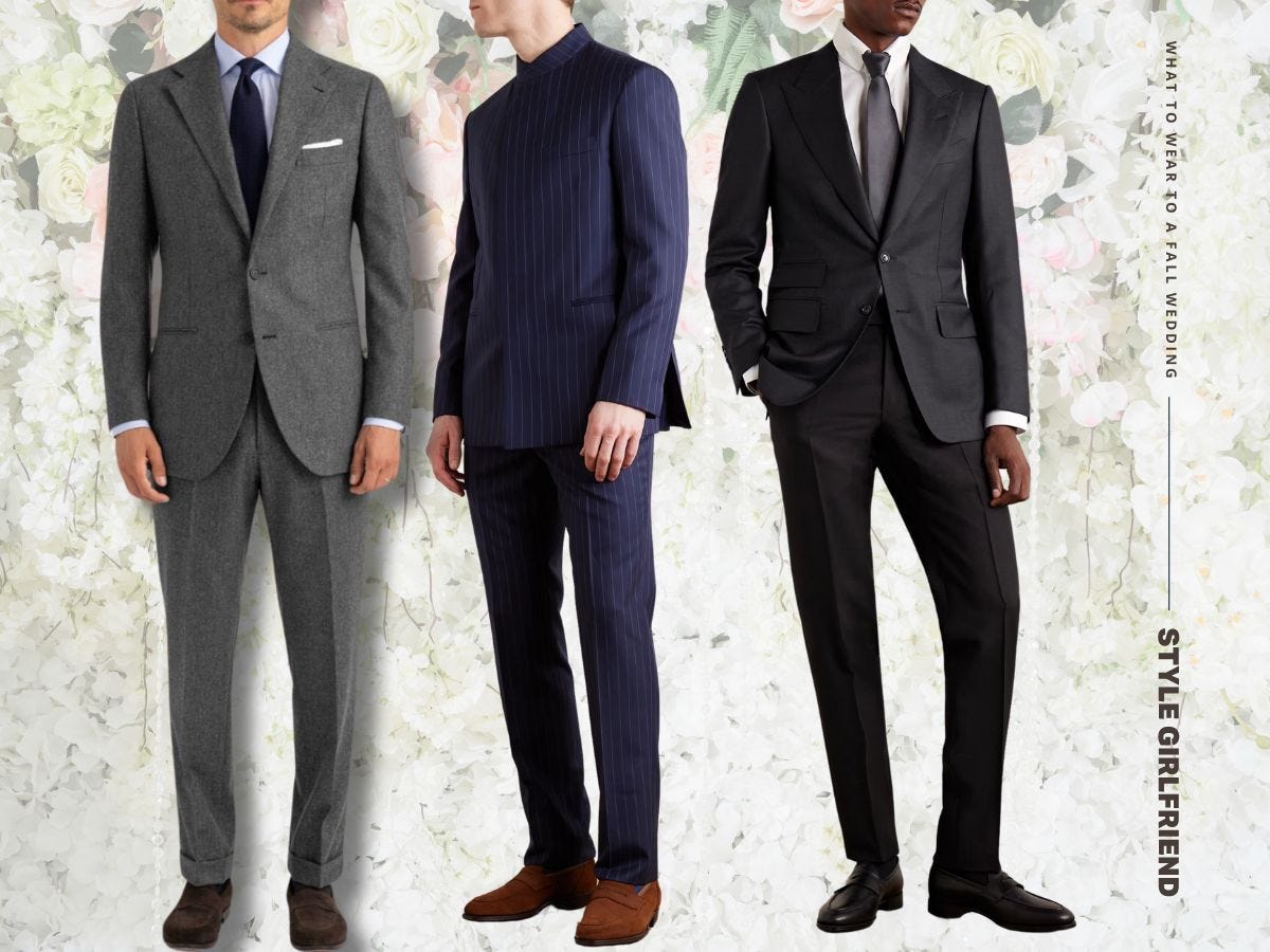 three men in outfits appropriate for a fall wedding with a semi-formal dress code