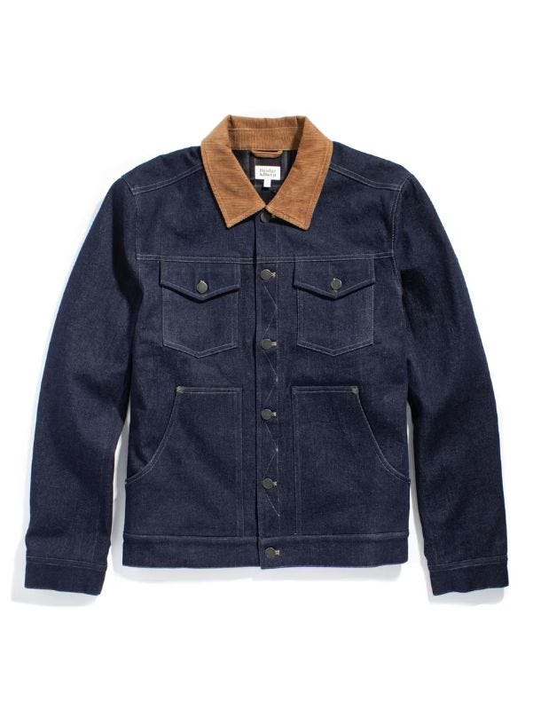 cark denim jacket with pockets and brown collar