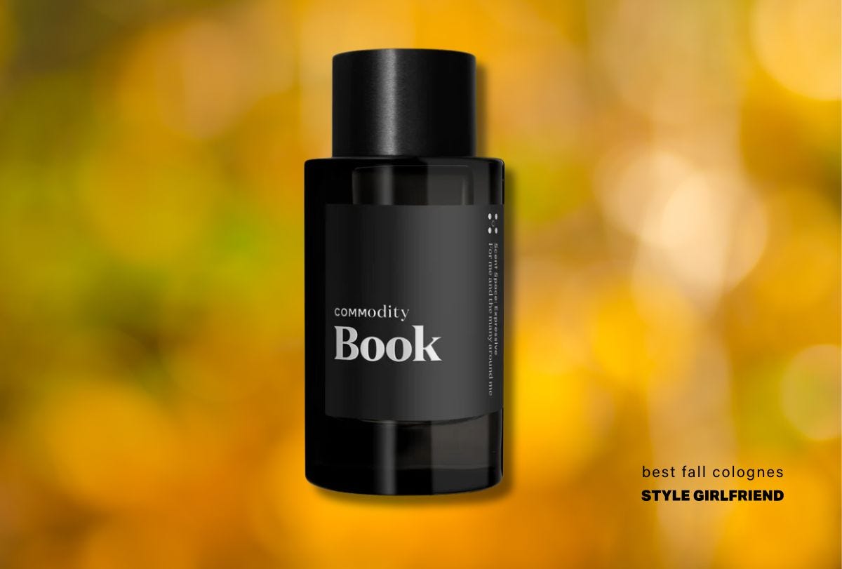 Black perfume bottle with white font on yellow and green background and text on screen: Best Autumn Colognes (Style Girlfriend)