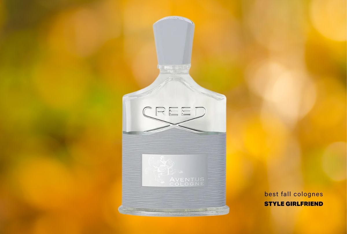 Men's perfume in silver bottle with text on screen: Best Autumn Colognes (Style Girlfriend)