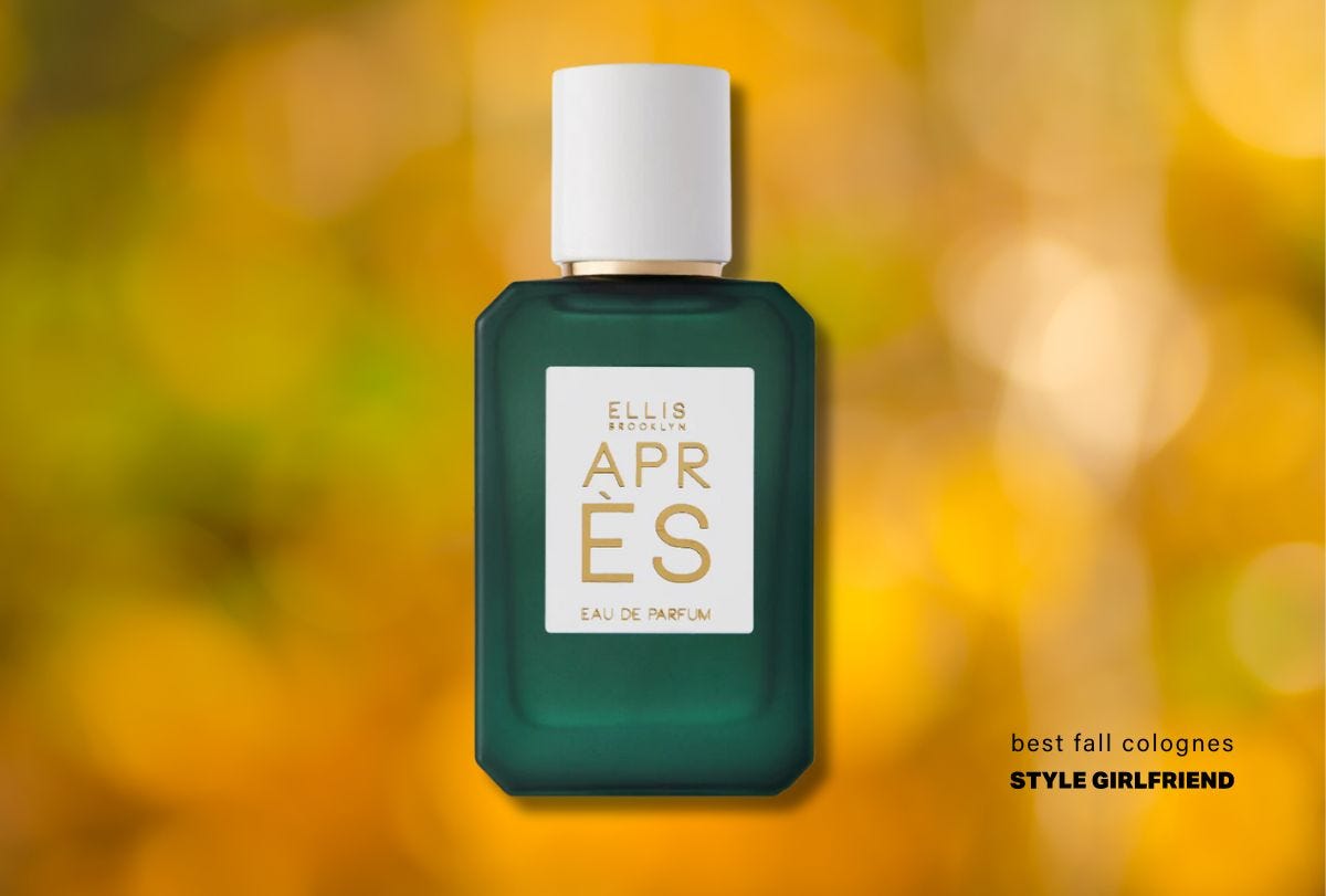 Perfume in green bottle with white cap, text on screen reads: Best Autumn Colognes (Style Girlfriend)