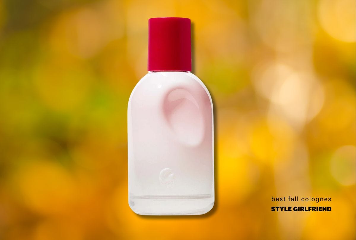 Pink perfume bottle with round red cap and text on screen: Best Autumn Colognes (Style Girlfriend)