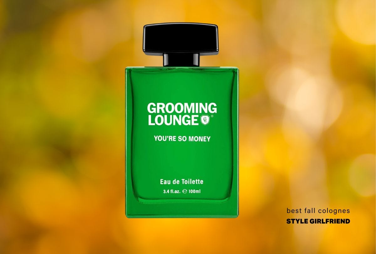 Men's perfume in green bottle with black top and white font, text on screen reads: Best Autumn Colognes (Style Girlfriend)