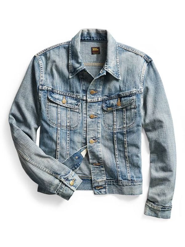 flat lay image of a worn-in denim trucker jacket