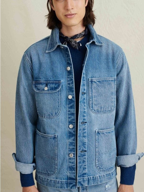 close-up of a man wearing a denim work jacket