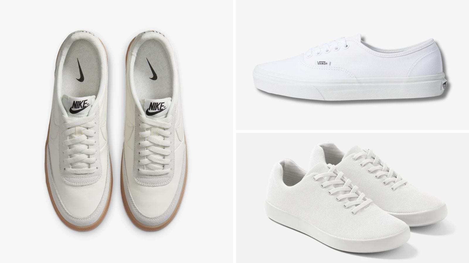 roundup of three pairs of men's white sneakers including nike killshots, atoms model 000 and Vans authentics