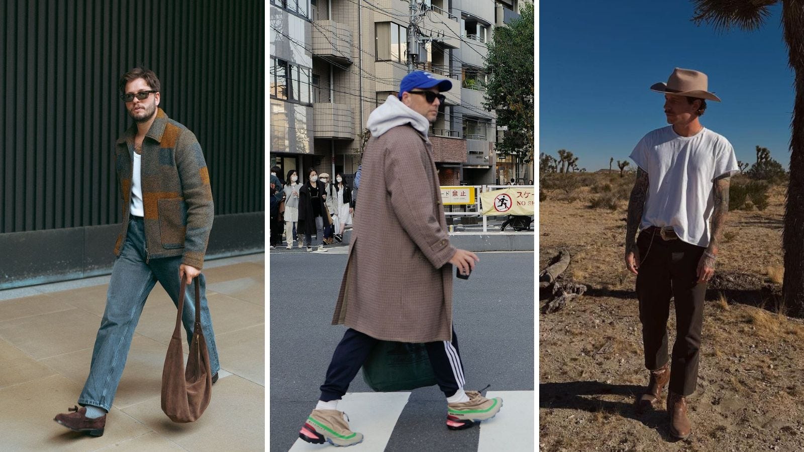 triptych image of three men wearing casual fall outfits