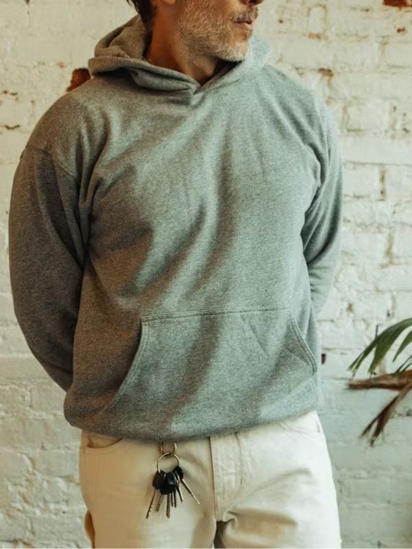 men's grey hoodie outfit with off-white workwear pants